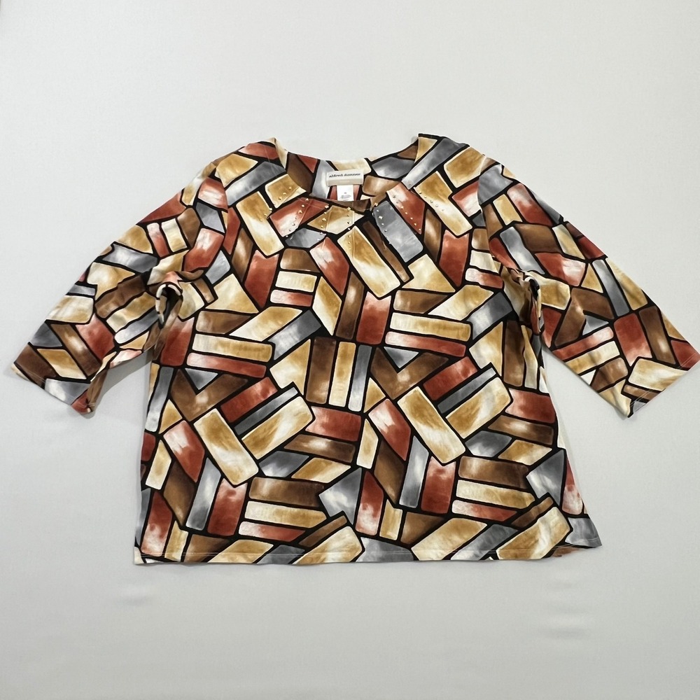 Alfred Dunner Top‎ Geometric Studded 3/4 Sleeve Brown Tan Art To Wear Women 1X